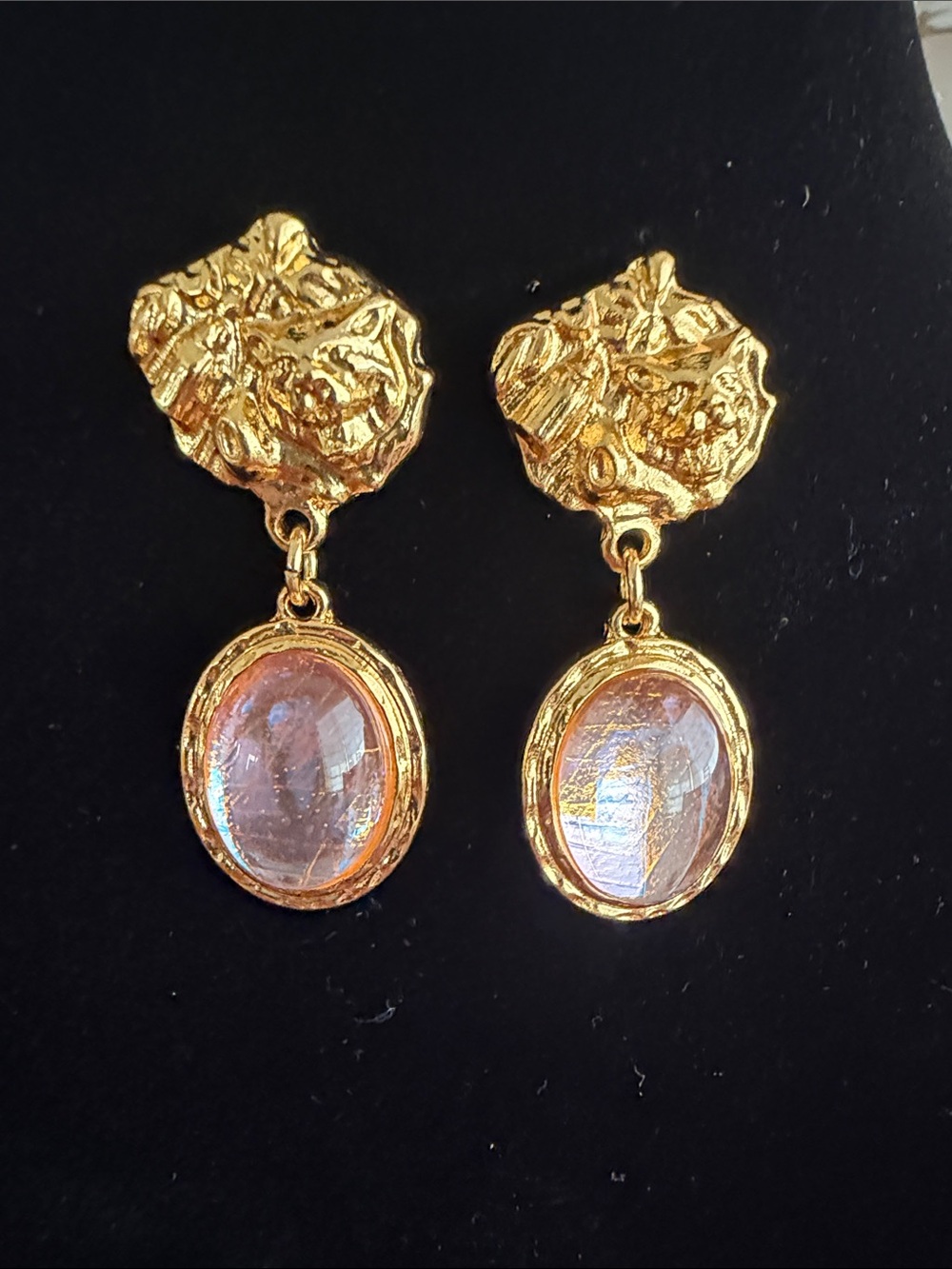Gold-Tone Irregular Disc Drop Earrings with Iridescent Oval Stone